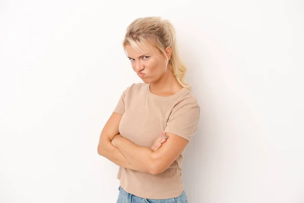 Jonge Russische Vrouw Geïsoleerd Witte Achtergrond Fronsen Gezicht Ongenoegen Houdt — Stockfoto