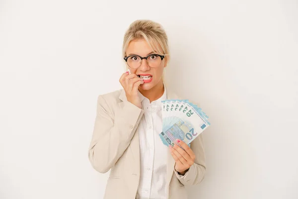 Young Business Russian Woman Holding Banknotes Isolated White Background Biting — Stock Photo, Image