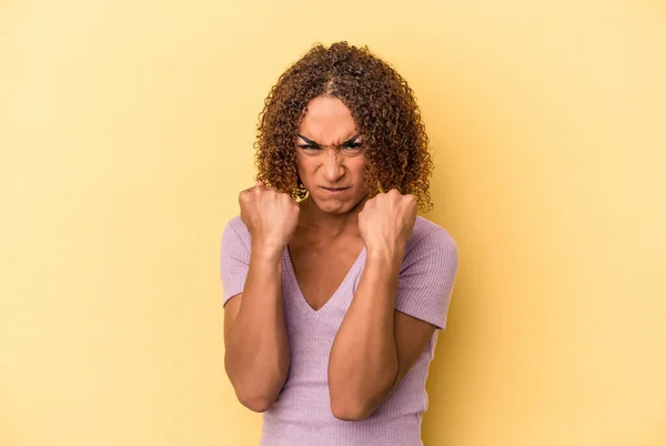 Young Latin Transsexual Woman Isolated Yellow Background Showing Fist Camera — Stock Photo, Image