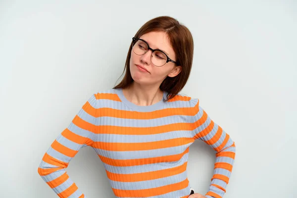 Young English Woman Isolated Blue Background Dreaming Achieving Goals Purposes — Stock Photo, Image