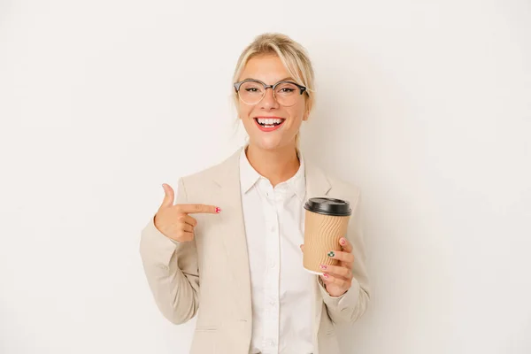 Young Business Russian Woman Holding Take Away Coffee Isolated White — Stock Photo, Image