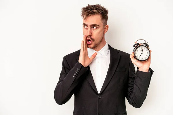 Young Caucasian Business Man Holding Alarm Clock Isolated White Background — Stock Photo, Image