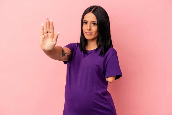 Young Pregnant Woman One Arm Isolated Pink Background Standing Outstretched — Stock Photo, Image