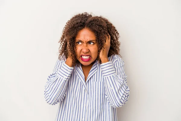 Young African American Woman Curly Hair Isolated White Background Covering — Stock Photo, Image