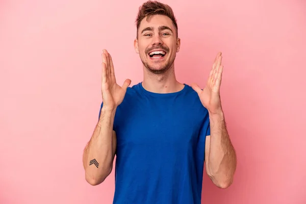 Young Caucasian Man Isolated Pink Background Laughs Out Loudly Keeping — Stock Photo, Image