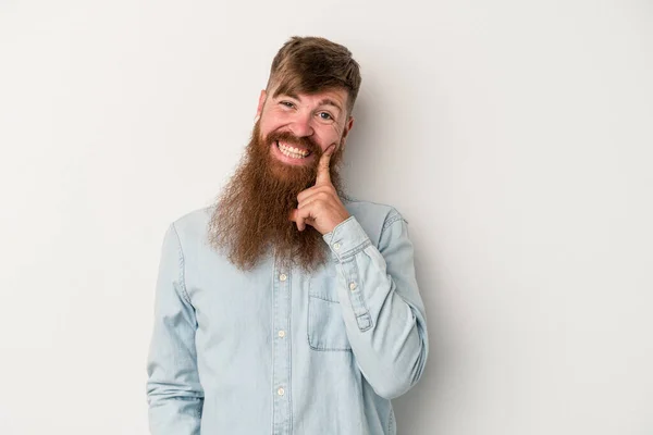 Young Caucasian Ginger Man Long Beard Isolated White Background Smiling — Stock Photo, Image