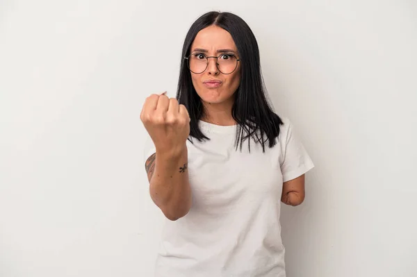 Jonge Blanke Vrouw Met Een Arm Geïsoleerd Witte Achtergrond Tonen — Stockfoto