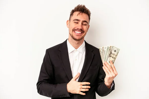 Jovem Homem Negócios Caucasiano Segurando Notas Banco Isolado Fundo Branco — Fotografia de Stock