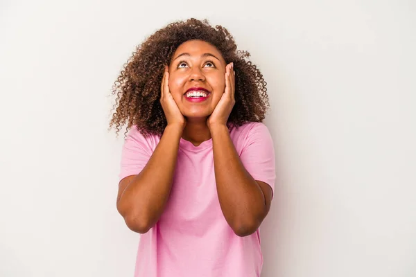 Young African American Woman Curly Hair Isolated White Background Laughs — Stock Photo, Image