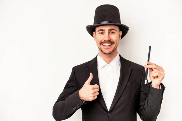 Young Caucasian Wizard Man Holding Wand Isolated White Background Smiling — Stock Photo, Image