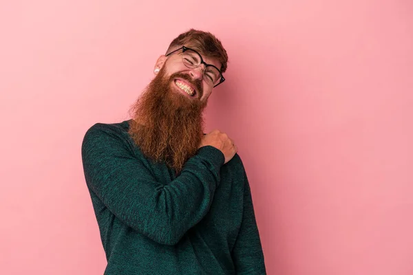 Young Caucasian Ginger Man Long Beard Isolated Pink Background Having — Stock Photo, Image