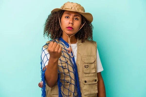 Young African American Fisherwoman Holding Net Isolated Blue Background Showing — Stock Photo, Image