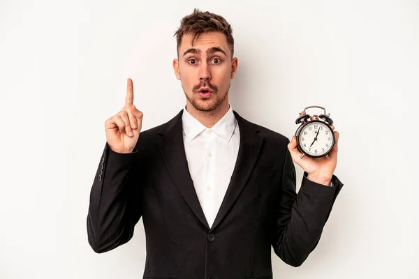 Young Caucasian Business Man Holding Alarm Clock Isolated White Background — Stock Photo, Image