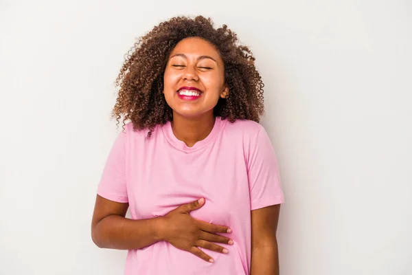 Young African American Woman Curly Hair Isolated White Background Touches — Stock Photo, Image