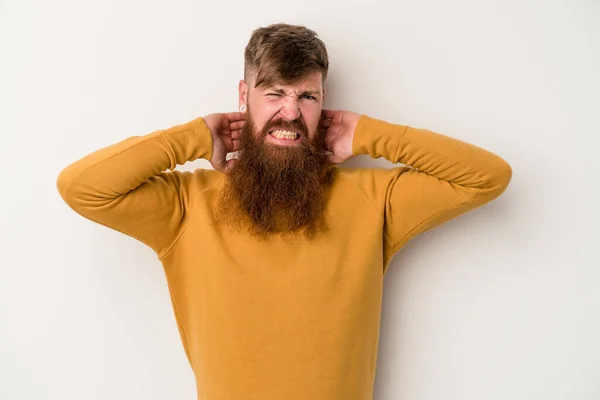 Young Caucasian Ginger Man Long Beard Isolated White Background Touching — Stock Photo, Image