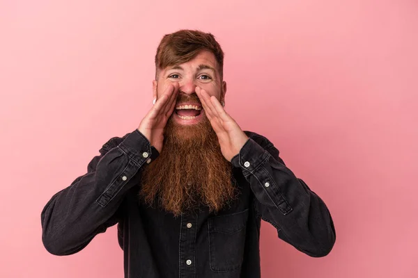 Young Caucasian Ginger Man Long Beard Isolated Pink Background Saying — Stock Photo, Image
