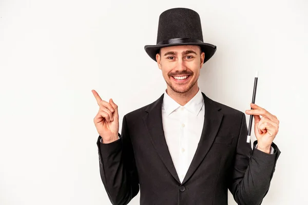 Young Caucasian Wizard Man Holding Wand Isolated White Background Smiling — Stock Photo, Image