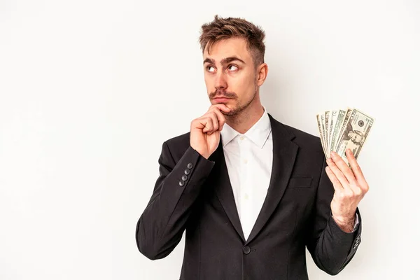 Young Caucasian Business Man Holding Bank Notes Isolated White Background — Stock Photo, Image