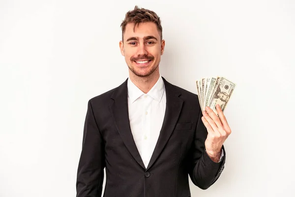 Fiatal Kaukázusi Üzletember Kezében Bankjegyek Elszigetelt Fehér Háttér Boldog Mosolygós — Stock Fotó