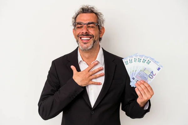 Middle Age Business Man Holding Bills Isolated Blue Background Laughs — ストック写真