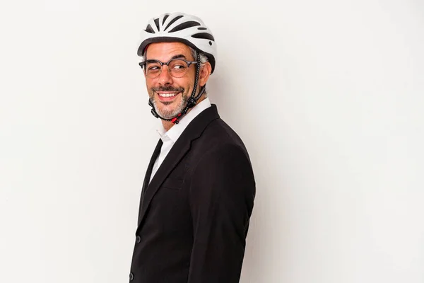 Middle Age Business Man Wearing Bike Helmet Isolated Blue Background — Stock Photo, Image