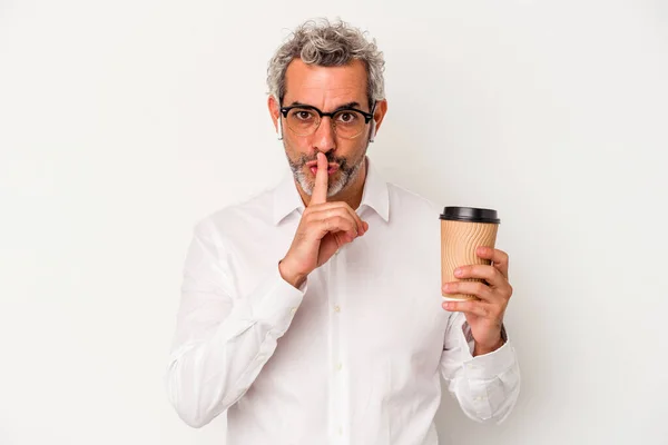 Středověký Obchodní Muž Drží Odnést Kávu Izolované Bílém Pozadí Udržet — Stock fotografie