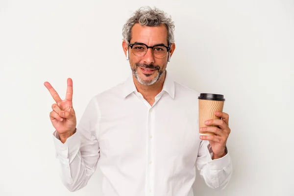 Medelålders Affärsman Som Håller Take Away Kaffe Isolerad Vit Bakgrund — Stockfoto