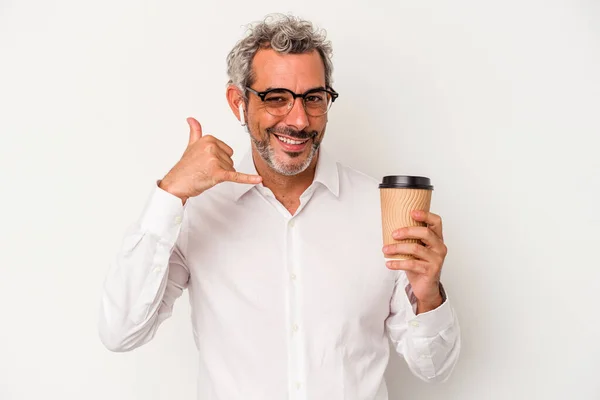 Деловой Человек Средних Лет Держащий Руках Кофе Изолированный Белом Фоне — стоковое фото