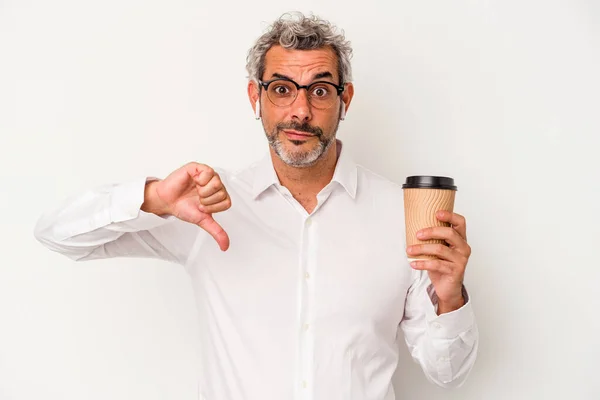 Hombre Negocios Mediana Edad Sosteniendo Café Para Llevar Aislado Sobre — Foto de Stock