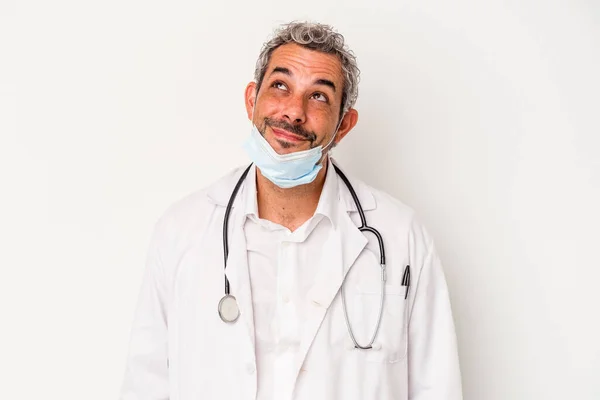 Middle Age Doctor Man Wearing Mask Virus Isolated White Background — Stock Photo, Image