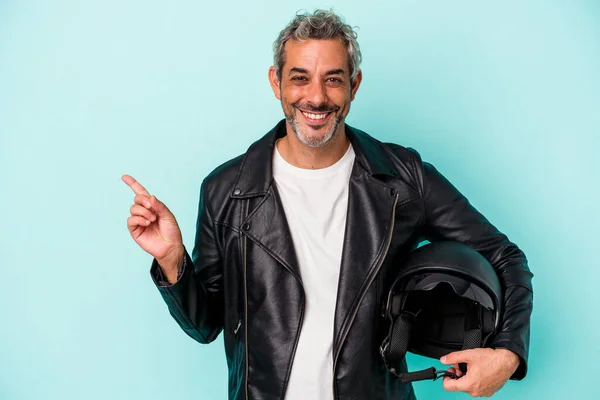 Middle Age Biker Caucasian Man Holding Helmet Isolated Blue Background — Foto de Stock