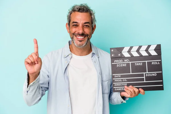 Middle Age Caucasian Man Holding Clapperboard Isolated Blue Background Showing — Stock Photo, Image