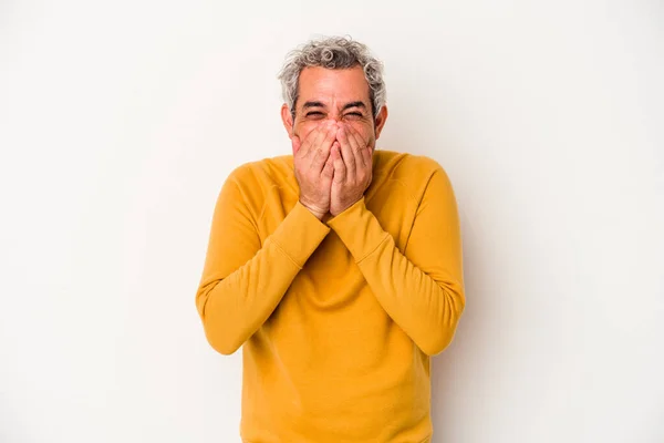 Middle Age Caucasian Man Isolated White Background Laughing Something Covering — Stock Photo, Image