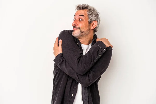 Middle Age Caucasian Man Isolated White Background Hugs Smiling Carefree — 스톡 사진