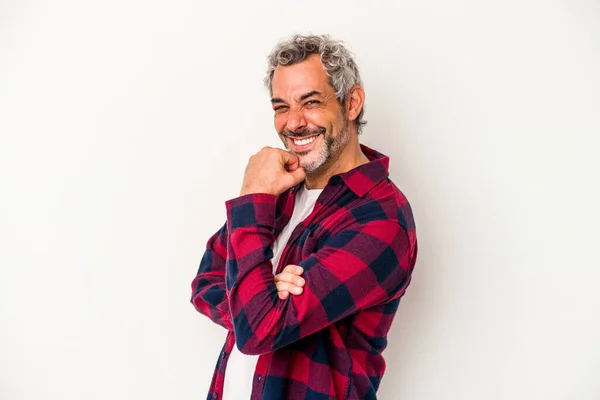 Hombre Caucásico Mediana Edad Aislado Sobre Fondo Blanco Sonriendo Feliz — Foto de Stock