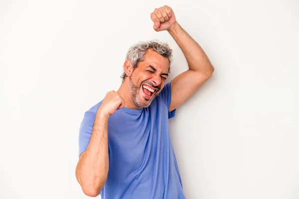 Homem Caucasiano Meia Idade Isolado Fundo Branco Comemorando Dia Especial — Fotografia de Stock