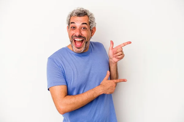 Middle Age Caucasian Man Isolated White Background Excited Pointing Forefingers — стоковое фото