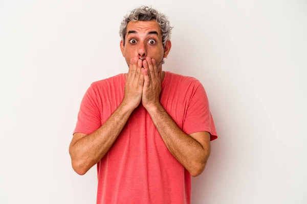 Middle Age Caucasian Man Isolated White Background Shocked Covering Mouth — Foto de Stock