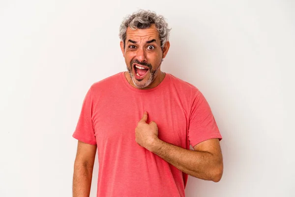 Middle Age Caucasian Man Isolated White Background Surprised Pointing Finger — Stock Photo, Image