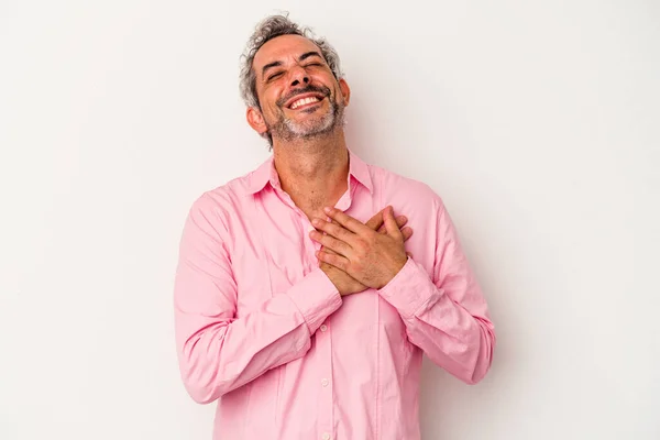 Middle Age Caucasian Man Isolated White Background Laughing Keeping Hands — ストック写真