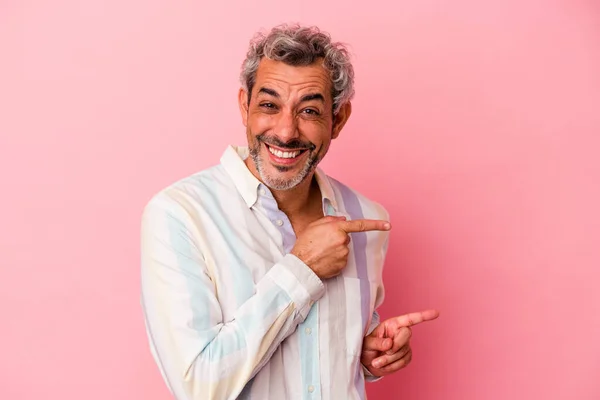 Middle Age Caucasian Man Isolated Pink Background Excited Pointing Forefingers —  Fotos de Stock