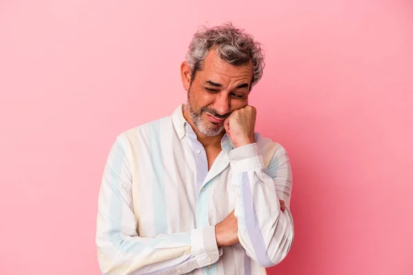 Middle Age Caucasian Man Isolated Pink Background Who Feels Sad — Foto de Stock