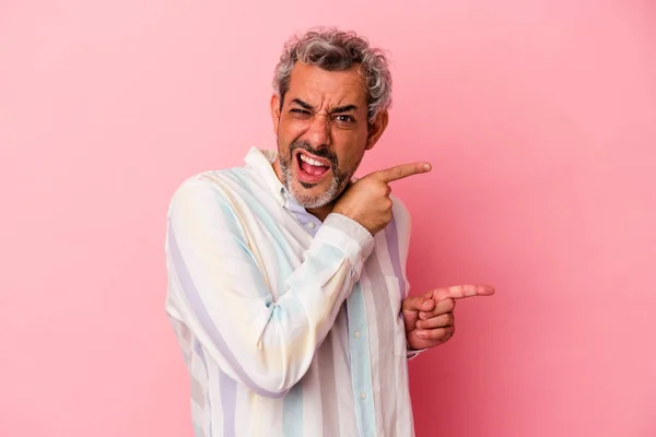 Middle Age Caucasian Man Isolated Pink Background Pointing Forefingers Copy — Stock Photo, Image
