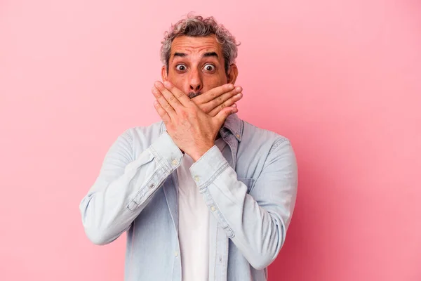 Middle Age Caucasian Man Isolated Pink Background Shocked Covering Mouth — Foto de Stock