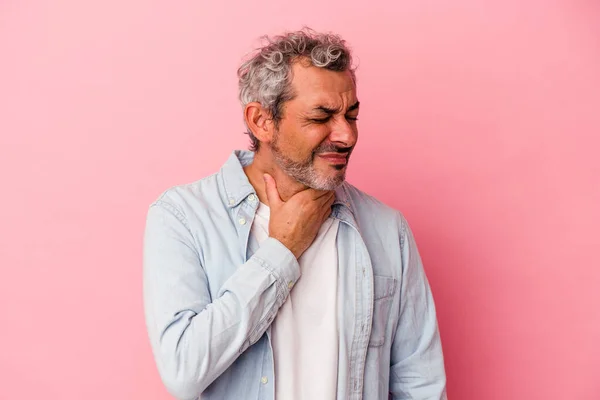 Middle Age Caucasian Man Isolated Pink Background Suffers Pain Throat — Stock Photo, Image