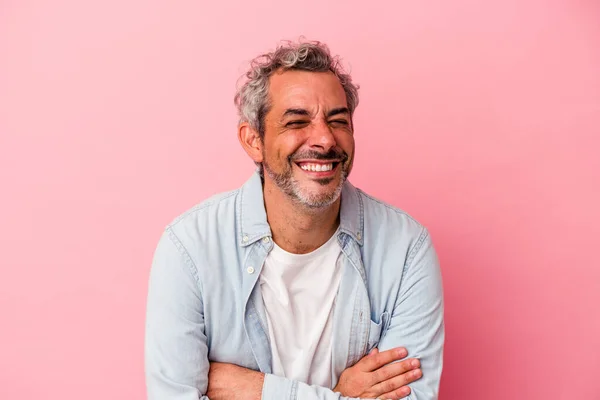 Middle Age Caucasian Man Isolated Pink Background Laughing Having Fun — Foto de Stock