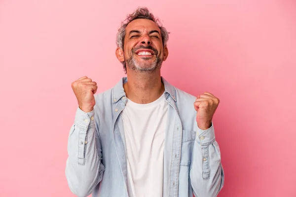 Middle Age Caucasian Man Isolated Pink Background Celebrating Victory Passion — Photo