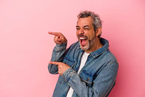 Middle Age Caucasian Man Isolated Pink Background Excited Pointing Forefingers — Foto de Stock