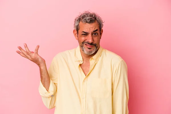 Middle Age Caucasian Man Isolated Pink Background Doubting Shrugging Shoulders —  Fotos de Stock