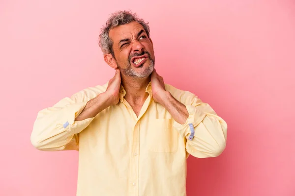 Middle Age Caucasian Man Isolated Pink Background Suffering Neck Pain — Photo